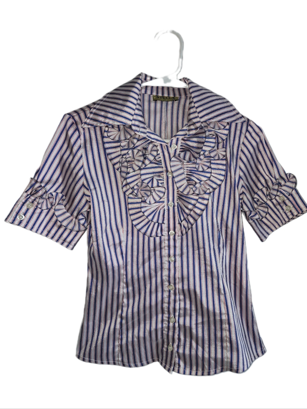 Striped Ruffle Front Button-Up Cotton Blouse